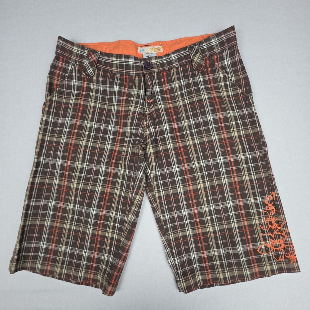 VTG Rusty Board Shorts Womens 5 Brown Orange Plaid Surf Skate Beach Y2K